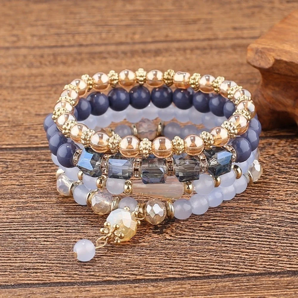 Bracelet / 4 Pcs Multilayer Natural Stone Crystal Elastic Bangle